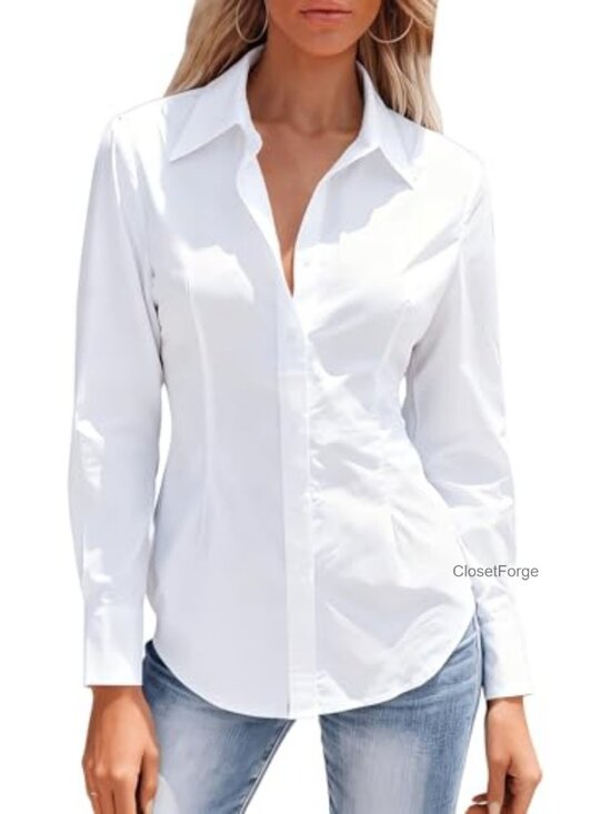 Tops - Womens Wrinkle Free Long Sleeve Button Down Shirt Polyester Formal Work Blouse